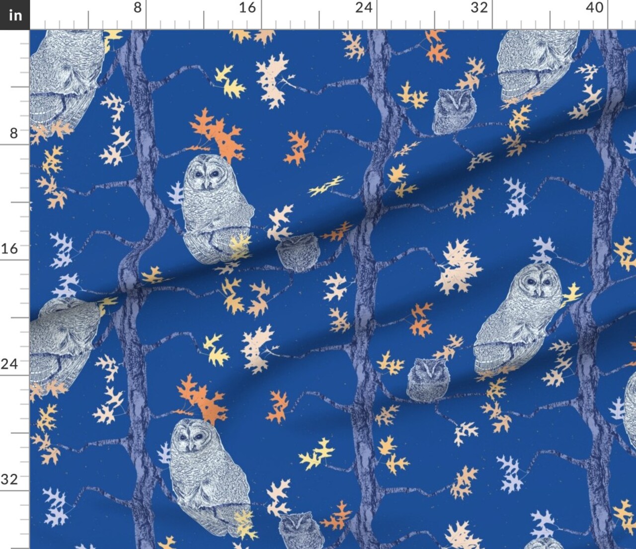 Various Fabrics by the Yard or Fat Quarter Woodland Owls Night Forest Fall Leaves Owl Trees Blue Woods Nature Birds Large Scale Custom Printed Fabric by Spoonflower